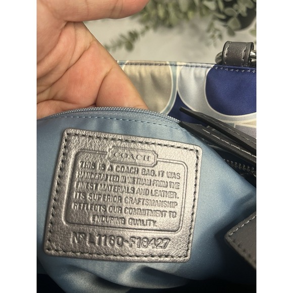 Coach Signature Op Art Scarf Print Blue Sateen Gallery Tote Handbag - Picture 7 of 12